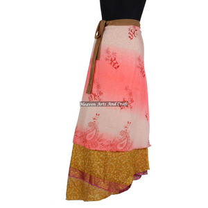 Adults Age Group Tight <b>Wrap</b> Around Skirt 2 Layer Reversible Magic Silk Saris <b>Wrap</b> Long Skirt <b>Sarong</b> Reversible Vintage Sari - Product Image 1