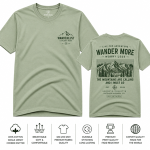เสื้อยืดแขนสั้นสีเขียวมะกอกสำหรับผู้ชาย คอกลม ทรงปกติ ผ้าฝ้าย 100% พิมพ์ลายภูเขาด้านหน้า เป็นมิตรกับสิ่งแวดล้อม เหมาะสำหรับใส่ลำลอง - Product Image 1