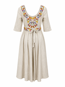 Robe longue en coton tissé brodée de fleurs, style bohème, douce, naturelle, décontractée, silhouette en A pour femme - Product Image 4