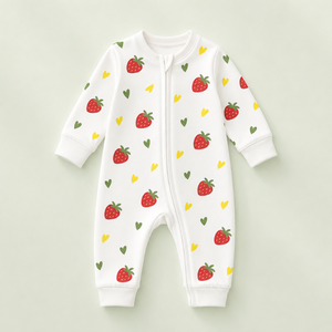 100% Bamboo Unisex Baby Full Sleeve Romper | Two Way Zipper Chin Guard Stretch Cuffs Strawberry Print Lightweight Sleep Suit - Product Image 1