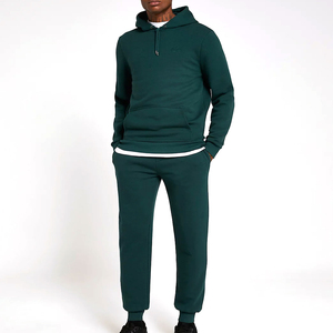Ensemble de survêtement à capuche vert foncé pour homme, manches longues, couleur unie, tenue décontractée avec poches latérales, fermeture à cordon, coupe régulière - Product Image 1
