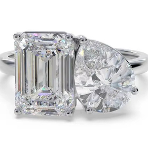 Emerald And Pear <b>Two</b> <b>Stone</b> Diamond <b>Ring</b> 0.80 Ct Lab Grown Diamond In 18K Yellow White Rose Gold And Platinum - Product Image 1