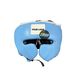 Light Blue Leather Boxing Head Guard and Gloves Set Breathable Protective Martial Arts Training Gear Custom Logo - Product Image 3