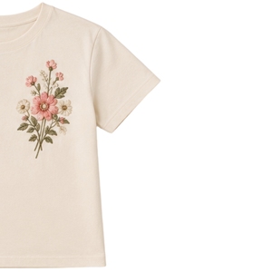 T-shirt en coton personnalisé beige pour femme, à col rond, broderie florale rose, manches courtes, décontracté, OEM, mode estivale haut de gamme - Product Image 4