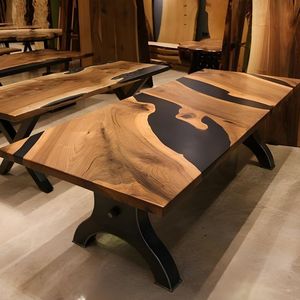 Table de salle à manger moderne en noyer noir et résine époxy, bord naturel, durable, pour hôtel et atelier, fabriquée à la main - Product Image 1