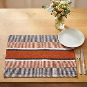 HILTEX PM-134 Handcrafted Sustainable Washable 3mm Thick Customizable Cotton Coastal <b>Rectangle</b> <b>Placemat</b> Striped Woven Home - Product Image 1
