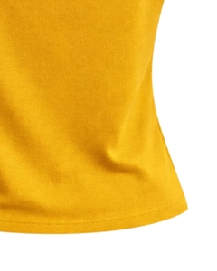 T-shirt femme jaune moutarde à épaules dénudées, manches courtes, coupe ajustée, décontracté, été, en coton doux, personnalisable, fabricant OEM - Product Image 6