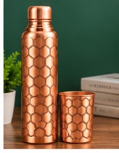 Ensemble de bouteille et de tasse à eau en cuivre antioxydant avec couvercle, motif feuille de bambou, thermos de voyage portable - Product Image 3