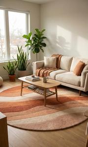 Modern <b>Abstract</b> Wave Round Wool Anti-Slip Area Rug Soft Tufted Terracotta Orange Beige for Living Room - Product Image 2