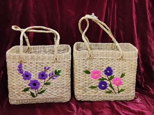 kauna Grass Eco-Friendly Straw <b>Beach</b> Handbag with Wooden Handles and Handcrafted Flowers - Product Image 3