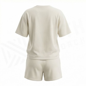 Ensemble décontracté 2 pièces en coton tricoté pour femme : T-shirt à col rond et manches courtes brodé, couleur unie, coupe ample, au-dessus du genou - Product Image 2