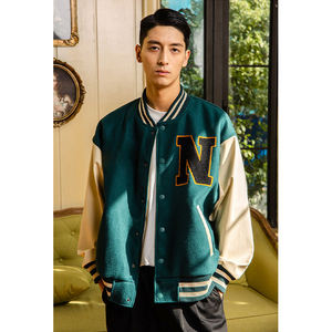 <b>Men's</b> Black And Beige PU Varsity Jacket Turn-down Collar Casual Autumn <b>Pullover</b> Style Regular Fit Solid Color - Product Image 2
