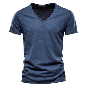 T-shirt pour homme à col en V, manches courtes, coupe ajustée, 100% coton, couleur unie, style décontracté, longueur normale, design uni - Product Image 6