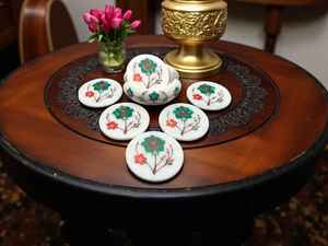 Posavasos de Mármol Blanco Floral con Incrustaciones de Piedras Semipreciosas, Hechos a Mano, Juego de Posavasos de Lujo, Decoración de Mesa, Regalo - Product Image 3