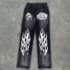 Customized 100% Cotton Applique Patch distressed <b>Embroidery</b> Flared Sweatpants and Hoodie <b>set</b> Street Acid Wash sun fade Tracksuit - Product Image 6