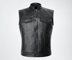 <b>Men's</b> Black Genuine Leather Moto <b>Vest</b> Stand Collar Button Closure Regular Length Solid Color Outerwear - Product Image 4