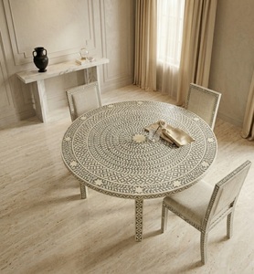 Table à manger ronde en os incrusté, bureau de salle à manger en bois à motifs modernes pour salon et décoration intérieure - Product Image 3