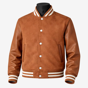 Chaqueta Varsity Personalizada de Gamuza y Lana con Mangas de Cuero, 450 GSM, Color Marrón Bronceado, con Rayas, Parches y Logotipo Bordado - Product Image 1