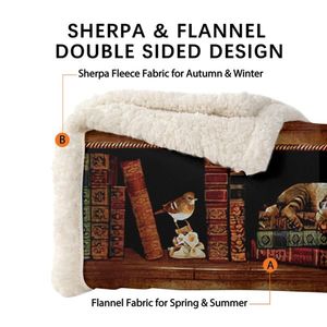 Vintage Kitten Sherpa Coral Fleece Blanket Cat in Bookshelf Design for Book Lovers Librarians Bed Couch or Sofa Use - Product Image 5