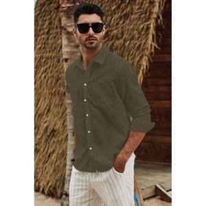 2026 Men's Stylish Button Down Cotton <b>Linen</b> Long Sleeve Dress <b>Shirt</b> Square Collar Woven-Size XL - Product Image 4