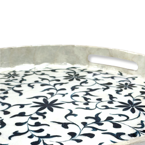 Bandeja de incrustaciones de Capiz de MDF redonda de primera calidad, bandeja de servicio decorativa elegante hecha a mano con patrón Floral negro para mesa de centro de cocina - Product Image 4