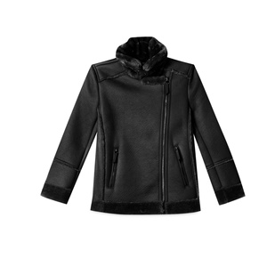Custom Wholesale Unisex Black Faux <b>Shearling</b> Leather <b>Jacket</b> Winter Warm Motorcycle Aviator Thick Fleece Lined Outerwear Outfits - Product Image 2