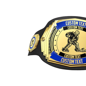 Ceinture de champion de hockey en cuir noir avec plaque dorée et accents bleus pour récompenses personnalisées - Product Image 3