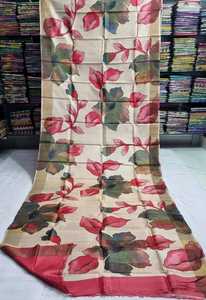GACHI TASSAR SILK Floral Silk <b>Saree</b> For Women Traditional Indian Wedding Wear Regular Fit Floor Length Beige With <b>Red</b> Pink - Product Image 4