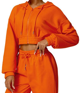 100% Organic Cotton <b>Women's</b> Zip-up Sweatshirt Puff Printing Sports Casual <b>Crop</b> Top Hoodie Embroidered Autumn/Winter Terry Fabric - Product Image 5