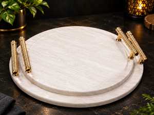 Plateau rond en mélamine à bords ondulés, neuf, directement de l'usine, avec poignées dorées en ABS pour la maison, l'hôtel et le restaurant - Product Image 3