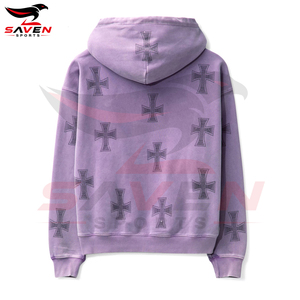 Sudadera con capucha unisex vintage con cremallera y pedrería, diseño gráfico de cruz con tachuelas brillantes, de algodón pesado, estilo streetwear. - Product Image 5