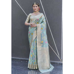 Sari de soirée en organza bleu ciel tissé Zari Elite Weaves - Product Image 1