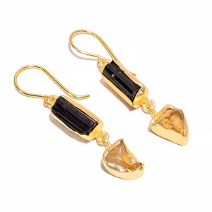 <b>Gold</b> Plated Brass Drop <b>Earrings</b> With Raw Green Kyanite And Pink Natural Stone Bohemia Style Women's Jewelry USA wholesaler - Product Image 6