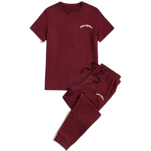 High Quality Red Men's Summer Eco-Friendly 100% Cotton Sports T-shirt Trouser Set Moisture <b>Wicking</b> Fabric for Gym Casual Wear - Product Image 3