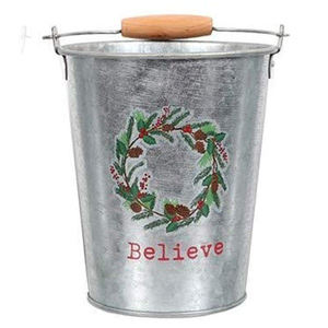 Seau de Noël décoratif en métal galvanisé à motif feuillage, vierge pour sublimation, pour événements festifs, prix de gros abordable - Product Image 1