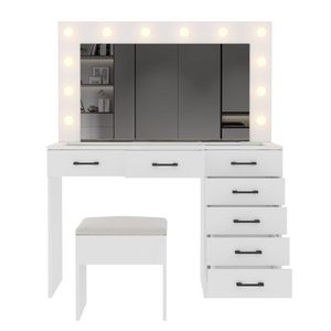 Large Lighted 12 LED <b>Mirror</b> <b>Makeup</b> Vanity Desk Set with 7 Drawers Glass Top Dressing Vanity Table with Power Outlet - Product Image 4