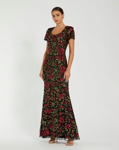 Vestido de Noche Elegante Negro con Cuentas de Rosas Rojas, 100% Poliéster, Satén Antiarrugas, Cuello Redondo, Manga Casquillo, Largo hasta el Suelo - Product Image 5