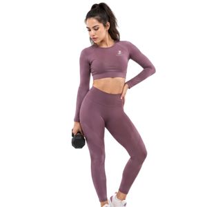 Women's Mauve <b>Long</b> Sleeve Crop <b>Top</b> and High Waist <b>Leggings</b> Two Piece Yoga Gym Workout Activewear Set - Product Image 6