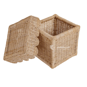 Handwoven Rattan <b>Storage</b> Basket with Scalloped Lid Woven Organizer <b>Bin</b> for Home Bedroom Nursery - Product Image 4