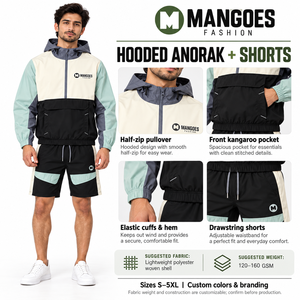 ชุดเซ็ตเสื้อแจ็คเก็ตมีฮู้ดกันลมและกางเกงขาสั้น MANGOES รุ่น Unisex ผ้าเนื้อเดียว น้ำหนักเบา ระบายอากาศได้ดี แห้งเร็ว ผลิตจากผ้าฝ้าย 100% สไตล์สตรีทแวร์ - Product Image 3