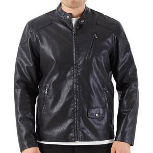 Chaqueta de Moto para Hombre de Cuero Genuino Ecológico con Bloques de Color Frontales, Cuello Alto, Cierre de Cremallera, Negro Sólido, Ajuste Delgado Regular - Product Image 4