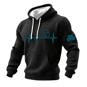 เสื้อฮู้ดดี้สีน้ำเงินลายวาฟเฟิลสำหรับผู้ชาย พร้อมลาย Clover ECG ปักนูนด้านหน้าและแขนเสื้อ สวมใส่สบายๆ ในฤดูใบไม้ร่วง - Product Image 6
