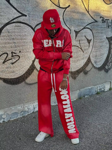 Custom Logo Unisex Stacked Flared Tracksuit Distressed Embroidery Zip Hoodie Wide Leg Sweatpants Streetwear <b>Set</b> 100% Cotton - Product Image 3