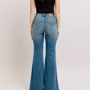 Jeans de Mezclilla Azul de Cintura Alta para Mujer, con Logotipo Personalizado, a la Moda, Corte Recto, Suaves, Elásticos, Estilo Casual Vintage - Product Image 5