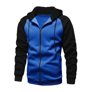 Wholesale Mens Streetwear Zip Up Hoodie Royal Blue Grey Contrast Panel Raglan Sleeve Blank Fleece <b>Cardigan</b> Jacket Custom - Product Image 1