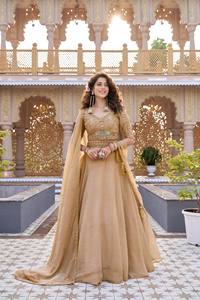 Gold Embroidered Lehenga Choli Silk Wedding Party Outfit V Neck Half Sleeve Floor Length <b>Dress</b> for Women - Product Image 3