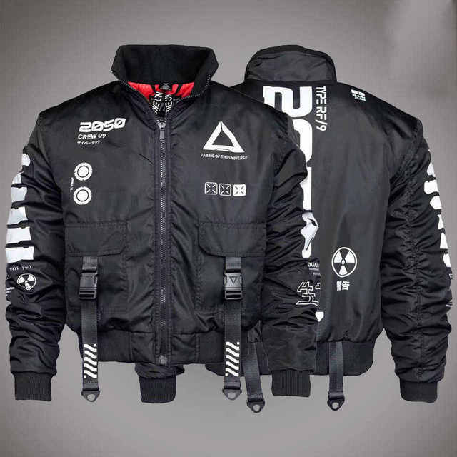 Cyberpunk Techwear Hooded Winter Jacket Men's Tactical Bomber Streetwear Windbreaker Multi-Pocket Harajuku Urban Utility Flight