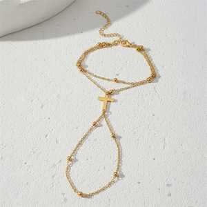 Bracciale a Doppio Strato con Catena Incrociata, Colore Oro, con Perline, Gioiello da Mano per Donna, Stile Semplice, Lunghezza Standard - Product Image 3