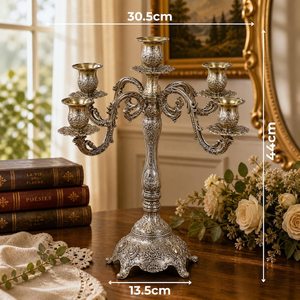 Antique Silver Candelabra 5 Arms Decorative Home <b>Lighting</b> Ornament 44cm Height Heat Resistant Durable Design - Product Image 6