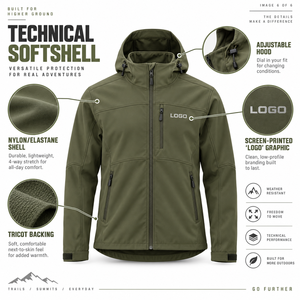 Men's Dark Green Hooded Waterproof Softshell Jacket Stand Collar Full <b>Zip</b> Casual Outdoor Windbreaker Regular Fit Men's Jacket - Product Image 6
